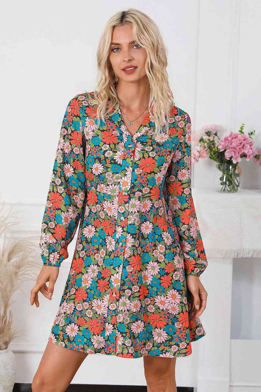 PREORDER Floral Button Front Collared Neck Shirt Dress