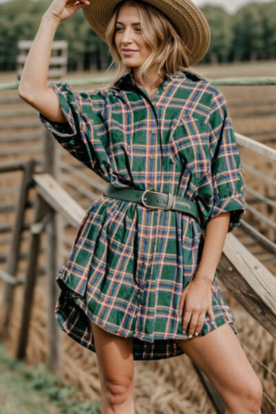 Plaid Belted Half Sleeve Mini Dress