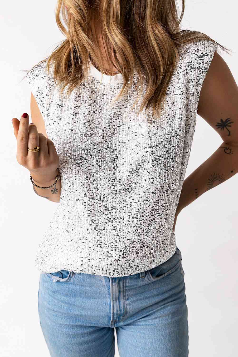 Preorder Sequin Round Neck Capped Sleeve Tank