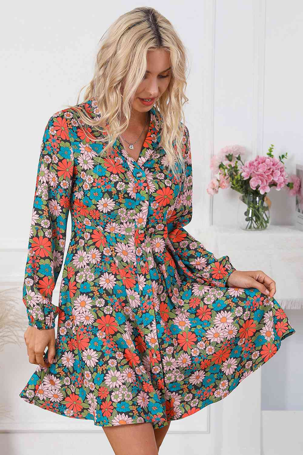 PREORDER Floral Button Front Collared Neck Shirt Dress