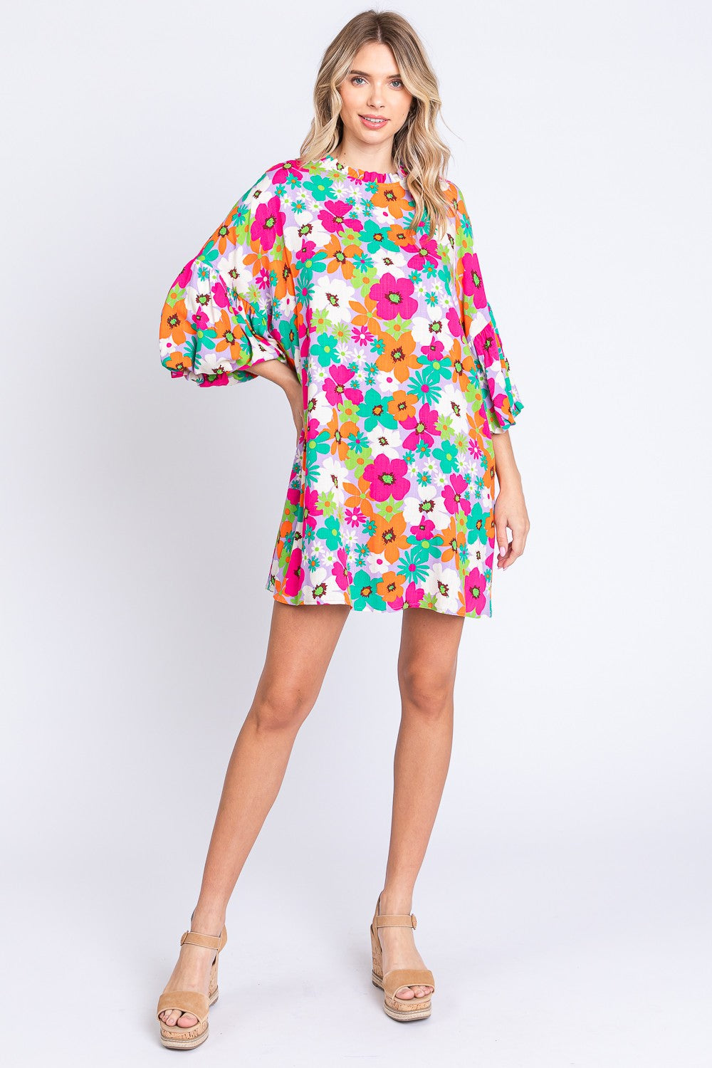 Floral Round Neck Lantern Sleeve Mini Dress